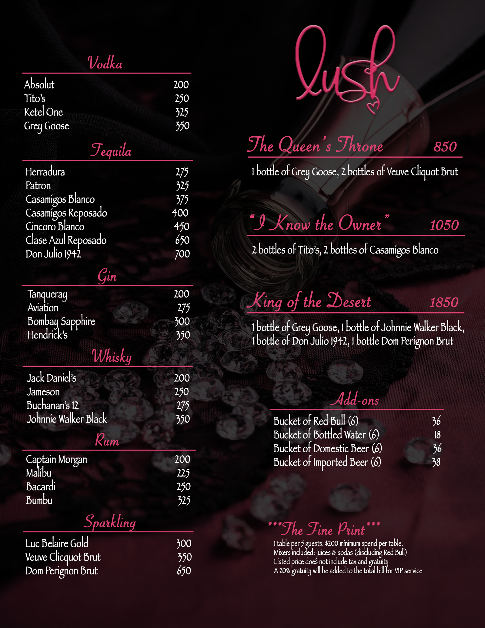 Lush VIP Menu Sirocco Nightclub Palm Springs VIP menu